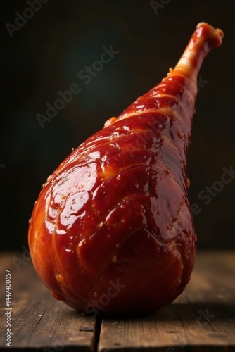 Obraz na płótnie Glazed meat on rustic wooden surface, rich red color and appetizing texture, delicious culinary image w salonie