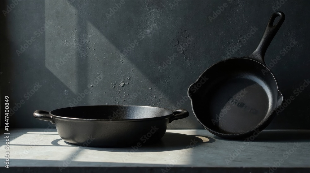Dark cast iron cookware resting on a neutral surface bathed in sunlight