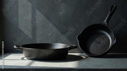 Obraz na płótnie Dark cast iron cookware resting on a neutral surface bathed in sunlight w salonie