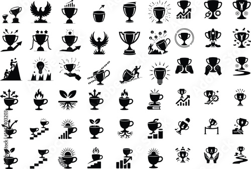 Cups Upgrade Silhouette Set | Modern Coffee Mug Icon Pack Improved Tea & Coffee Cup Silhouettes | Minimal Vector Icons