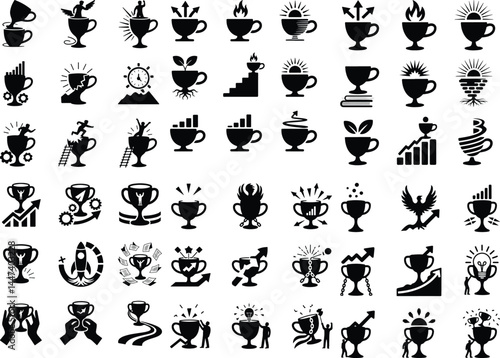 Cups Upgrade Silhouette Set | Modern Coffee Mug Icon Pack Improved Tea & Coffee Cup Silhouettes | Minimal Vector Icons