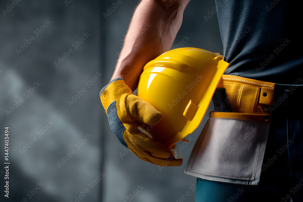 Construction worker holding safety helmet, safety gear, tool belt and gloves Construction worker holding safety helmet, safety gear, tool belt and gloves