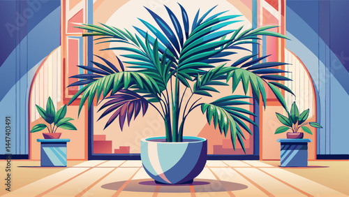 A graceful parlor palm rises from a sleek modern pot.
Its delicate fronds spread in perfect tropical symmetry.
Minimal vase design enhances the plant’s natural charm.
Ideal for clean botanical vector 