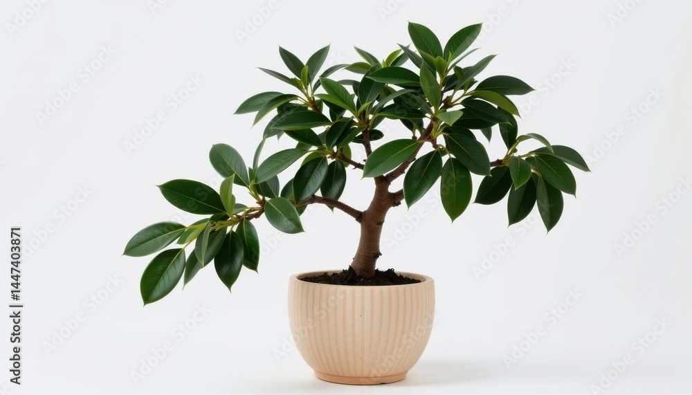custom made wallpaper toronto digitalA young rubber tree (Ficus elastica) with shiny, dark green oval leaves and thick stems, planted in a minimalist unglazed ceramic pot with a soft, sandy beige tone and subtle hand formed lines