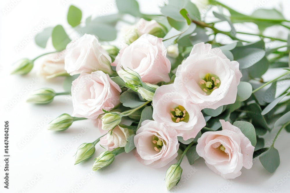 Obraz premium Modern Flowers. Beautiful Eustoma and Eucalyptus in Stylish Minimal Arrangement on White Background