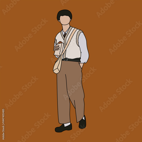 Trendy Japanese Man Holding Bread in Casual Outfit, Minimalist Flat Art of a Young Man with Bread in Hand