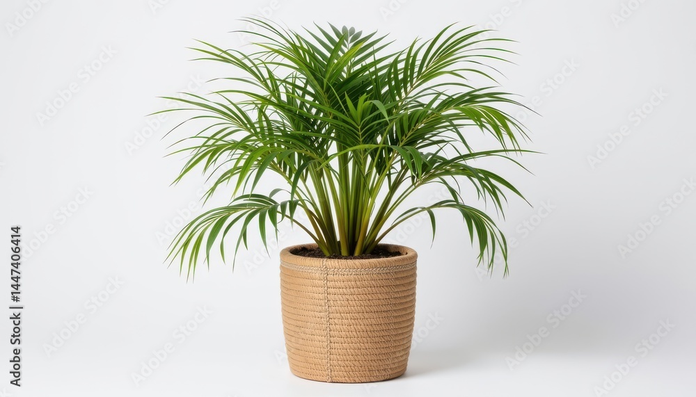 Fototapeta premium A bamboo palm (Chamaedorea seifrizii) with feathery fronds and multiple thin stalks, placed in a recycled hemp fiber cylinder pot with stitched seams