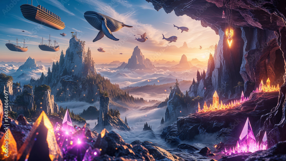 Surreal mountain landscape with flying whales ships and glowing crystals Surreal mountain landscape with flying whales ships and glowing crystals