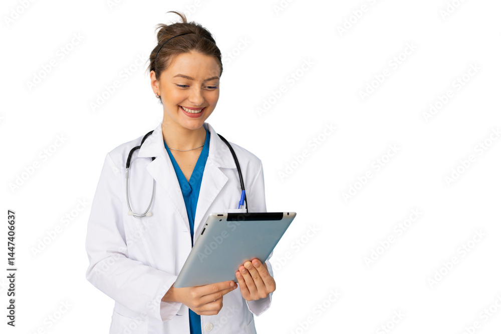 Female doctor smiling and using digital tablet, isolated on transparent background Female doctor smiling and using digital tablet, isolated on transparent background