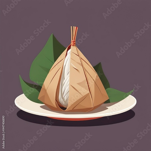 Zongzi, a traditional Chinese rice dumpling made of glutinous rice stuffed with different fillings and wrapped in bamboo leaves.