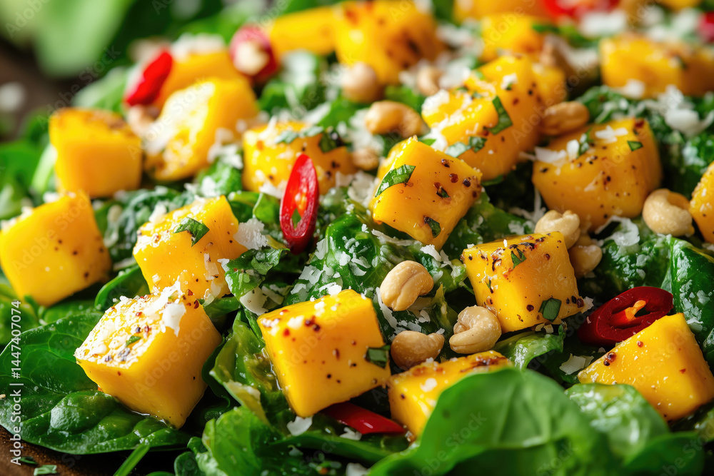 Fresh mango spinach salad with cashews and spices