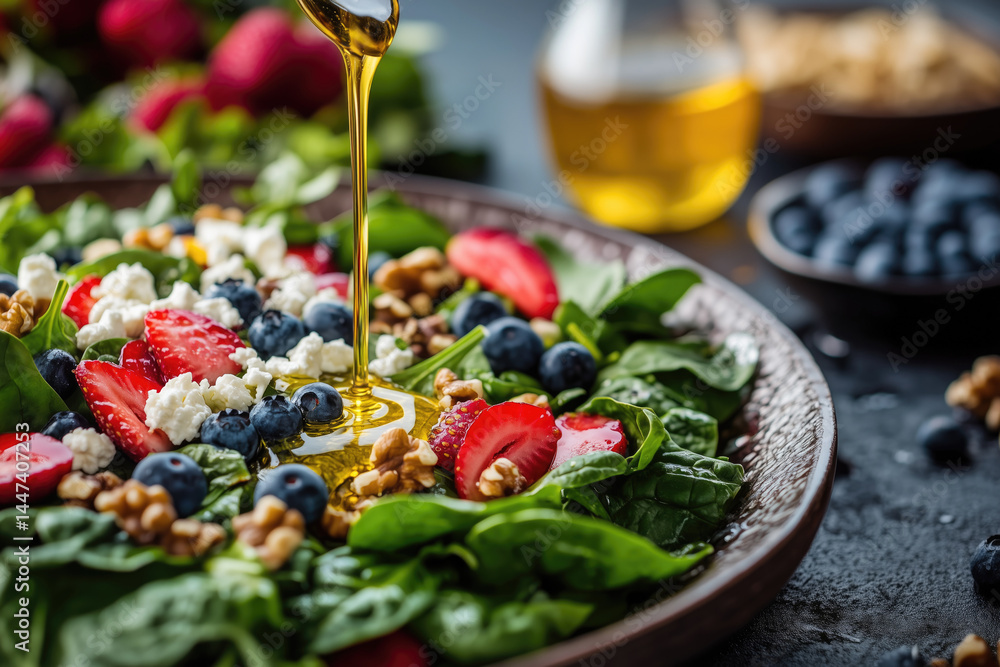 Delicious spinach salad with strawberries, blueberries, walnuts, and honey drizzle