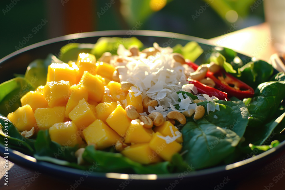Fresh mango spinach salad with cashews and spices