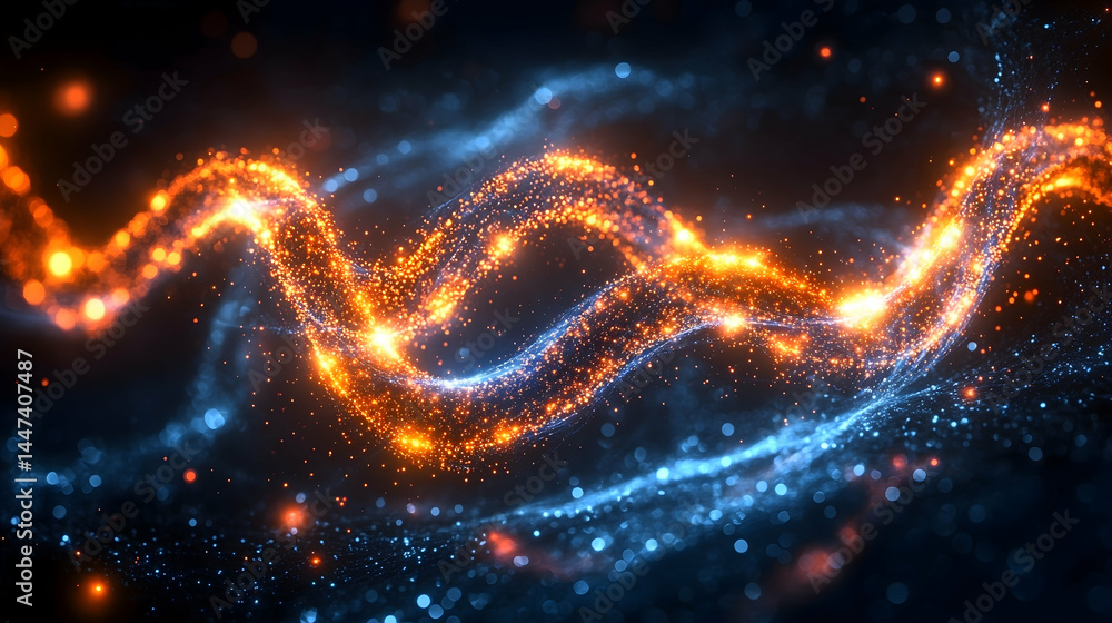 Glowing swirling particles of blue and orange light create a dynamic abstract wave pattern against a dark background Glowing swirling particles of blue and orange light create a dynamic abstract wave pattern against a dark background