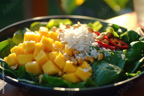 Obraz na płótnie Fresh mango spinach salad with cashews and spices w salonie