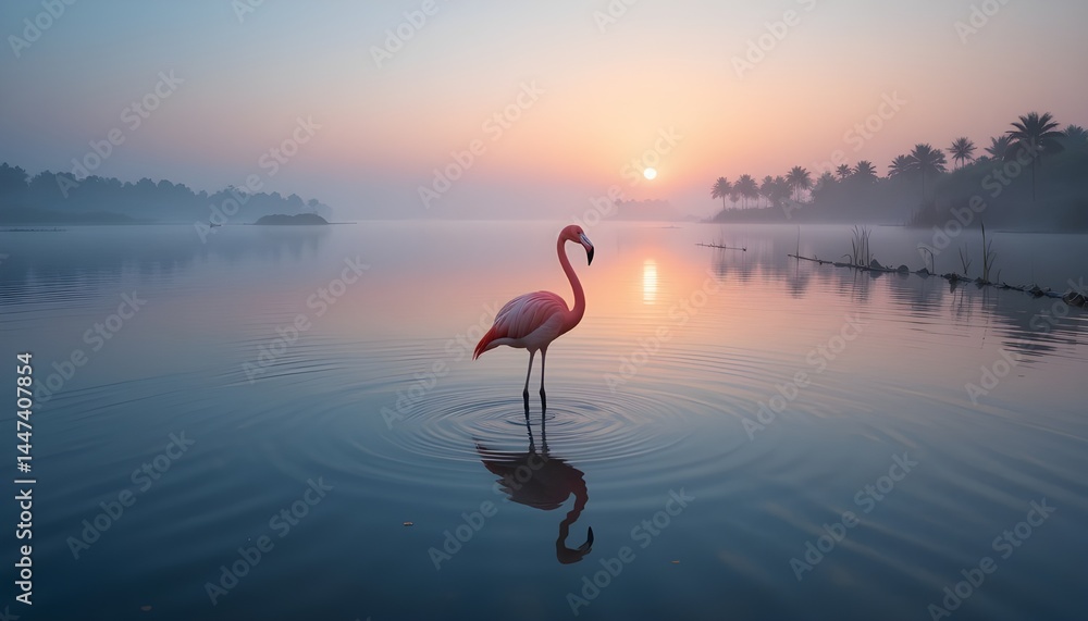 Fototapeta premium Flamingo in Shallow Lagoon at Sunrise