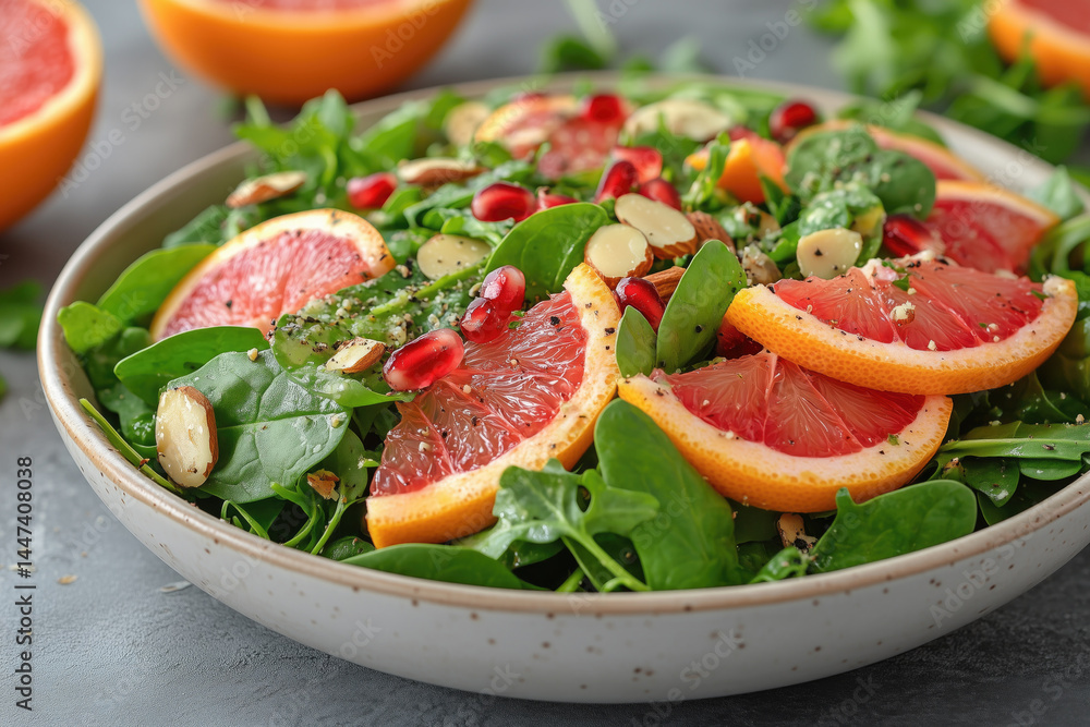 Colorful salad featuring spinach, citrus fruits, and pomegranate