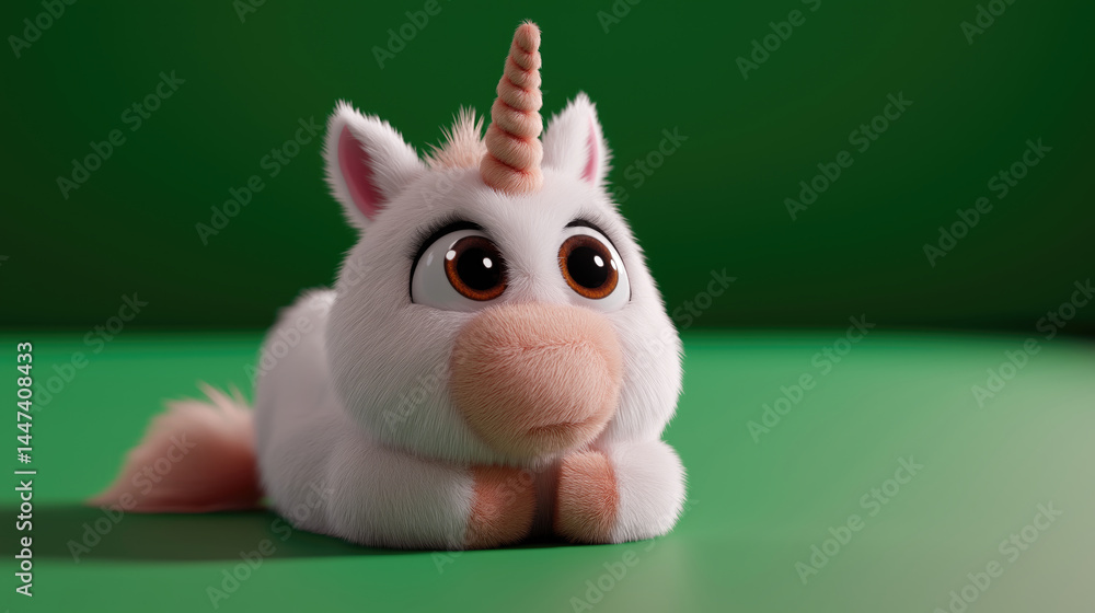 Fototapeta premium Fluffy, white unicorn plush toy with large eyes, resting on a bright green surface. Soft fur, light pink details