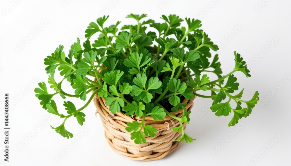 A pot of parsley (Petroselinum crispum) with tightly curled green leaves growing from multiple soft stems, housed in a small pot constructed from interwoven dried corn husks A pot of parsley (Petroselinum crispum) with tightly curled green leaves growing from multiple soft stems, housed in a small pot constructed from interwoven dried corn husks