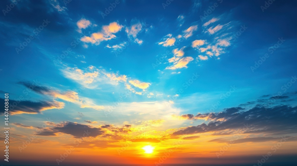 Obraz premium Morning Evening. Beautiful Sunset Sky with Sun and Clouds in Nature