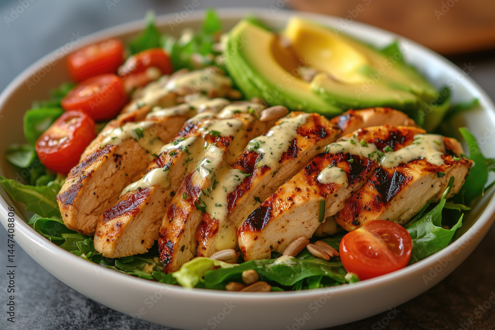 Grilled chicken salad with fresh vegetables and herbs