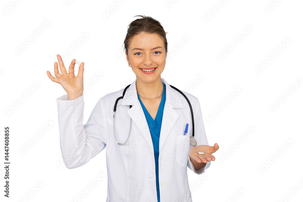 Friendly doctor showing a pill and offering more pills, isolated on transparent background, ideal for health and medical themes Friendly doctor showing a pill and offering more pills, isolated on transparent background, ideal for health and medical themes