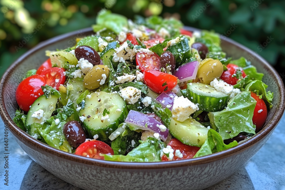 Colorful Greek salad features crisp lettuce, cherry tomatoes, cucumbers, olives, and feta cheese.