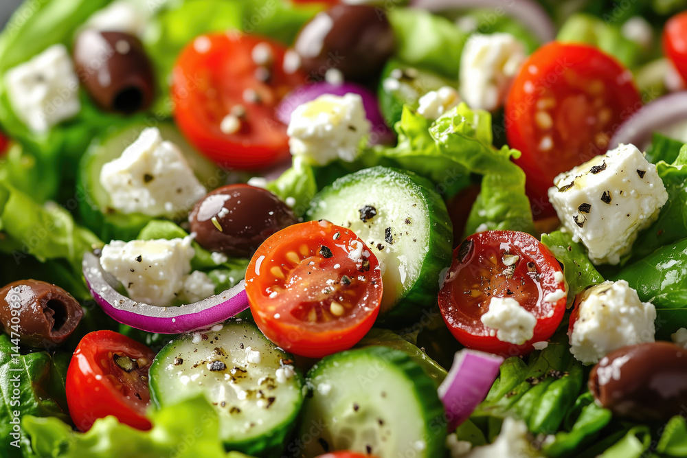 Colorful Greek salad features crisp lettuce, cherry tomatoes, cucumbers, olives, and feta cheese.