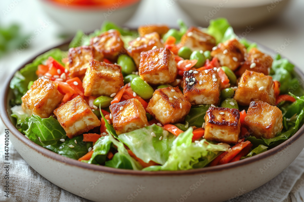Colorful vegetable stir-fry with sesame seeds and tofu