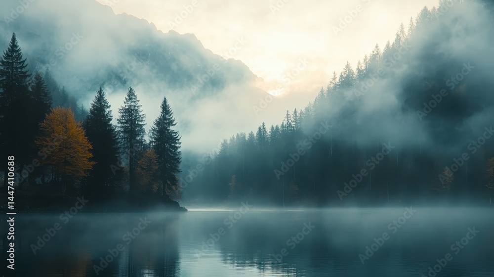 Fototapeta premium Mountain Lake Trees. Dreamlike Autumn Sunrise at Hintersee Lake in Bavaria