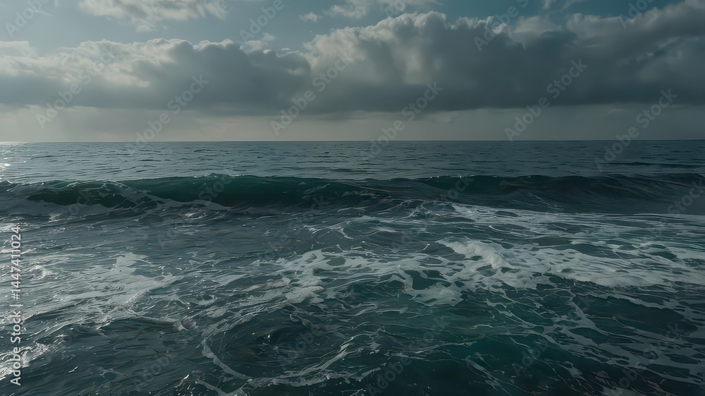 Fototapeta premium Powerful ocean wave crashes near rocky shore under bright sky