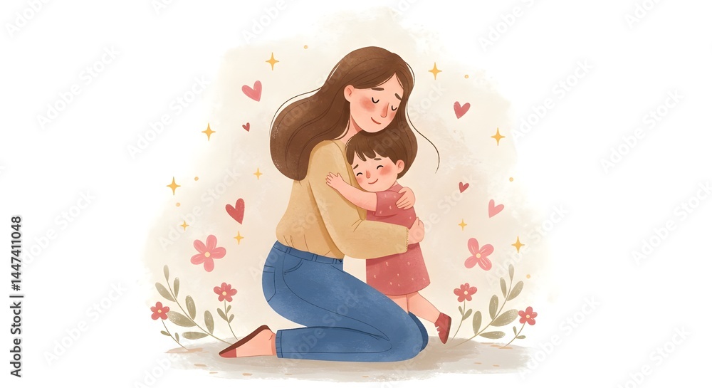 Tender Hug Between Mother and Child – Minimal Pastel Mother's Day Illustration Tender Hug Between Mother and Child – Minimal Pastel Mother's Day Illustration