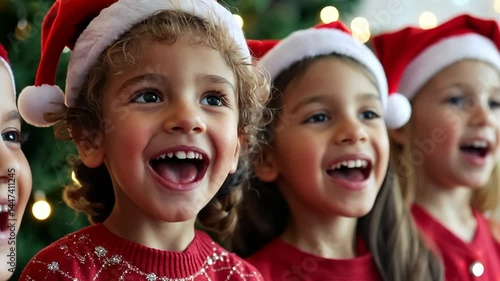 Joyful children singing in santa hats by the christmas tree