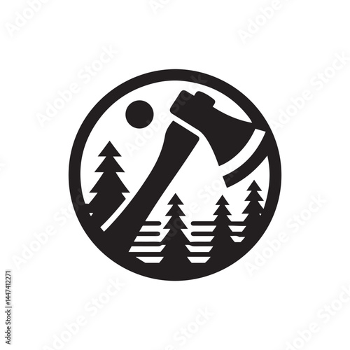 Stylized black and white icon of an axe with sun and forest imagery. Axe logo design, silhouette icon, vector art illustration, design template.