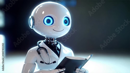 Humanoid robot dressed as doctor with stethoscope shows role of ai in surgical robotics, robotic surgery, and ai healthcare professional support