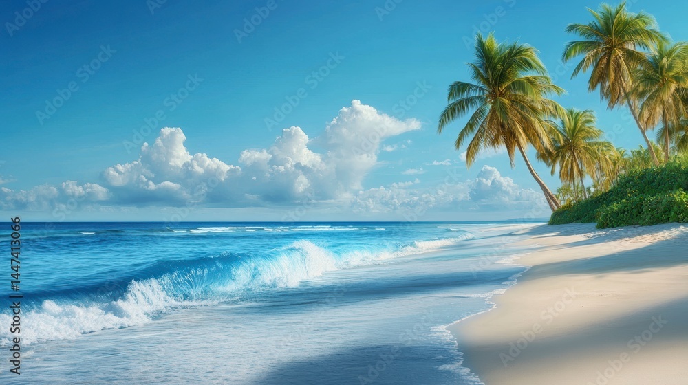 custom made wallpaper toronto digitalIdyllic tropical beach scene with palm trees, white sand, and turquoise ocean waves under a sunny sky.