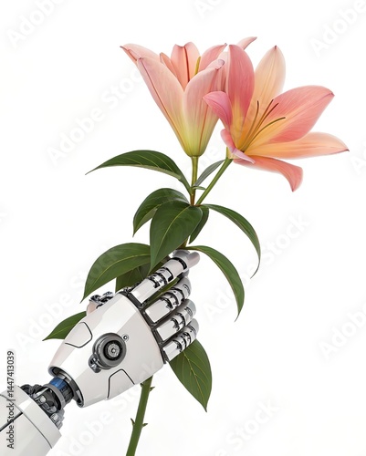 robot hands holding a beautiful flower