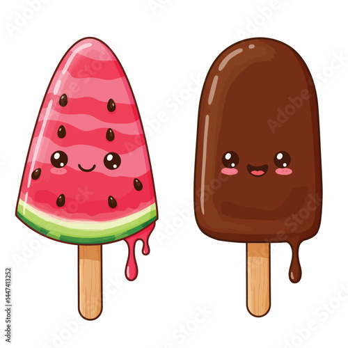 Cute Ice Cream Pairing: Elevate your visuals with this kawaii vector illustration of an adorable ice cream couple, isolated on a white background. Ideal for conveying sweetness and happiness