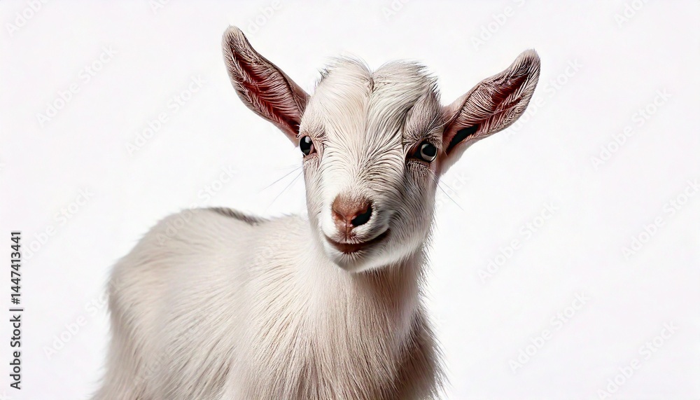 Obraz premium goat,animal,cute,white,baby,pet,farm,isolated,background,nature,young,fur,portrait,domestic,lamb,livestock,mammal,clean,adorable,small,fluffy,standing,innocent,bright,agriculture,field,hoofed,kid,peac