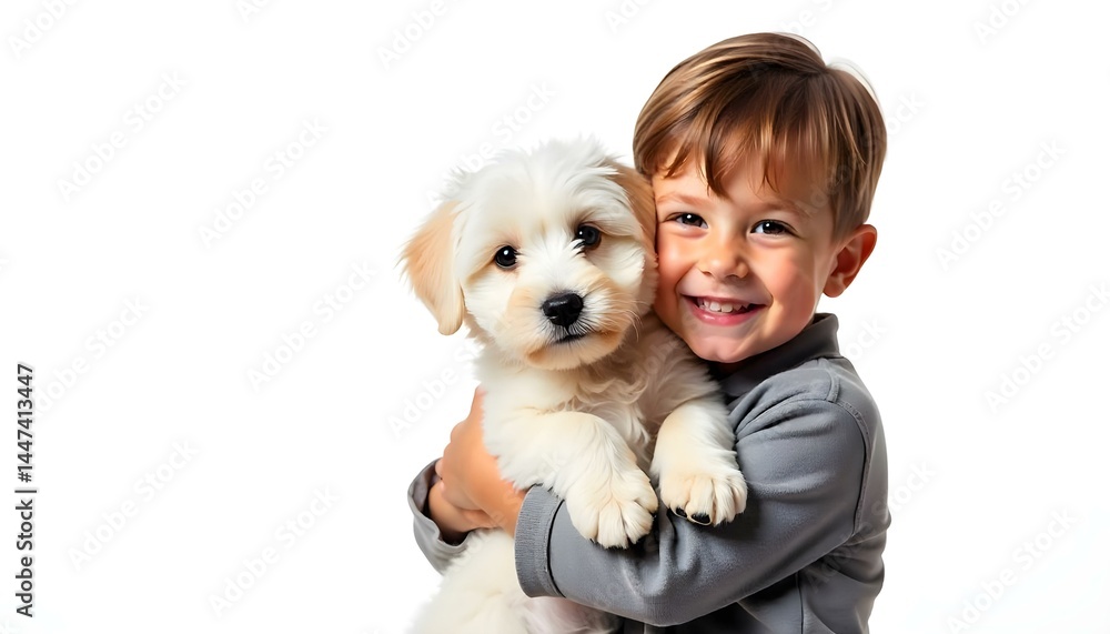 panoramic shot of cute boy holding Havanese puppy isolated on white panoramic shot of cute boy holding Havanese puppy isolated on white