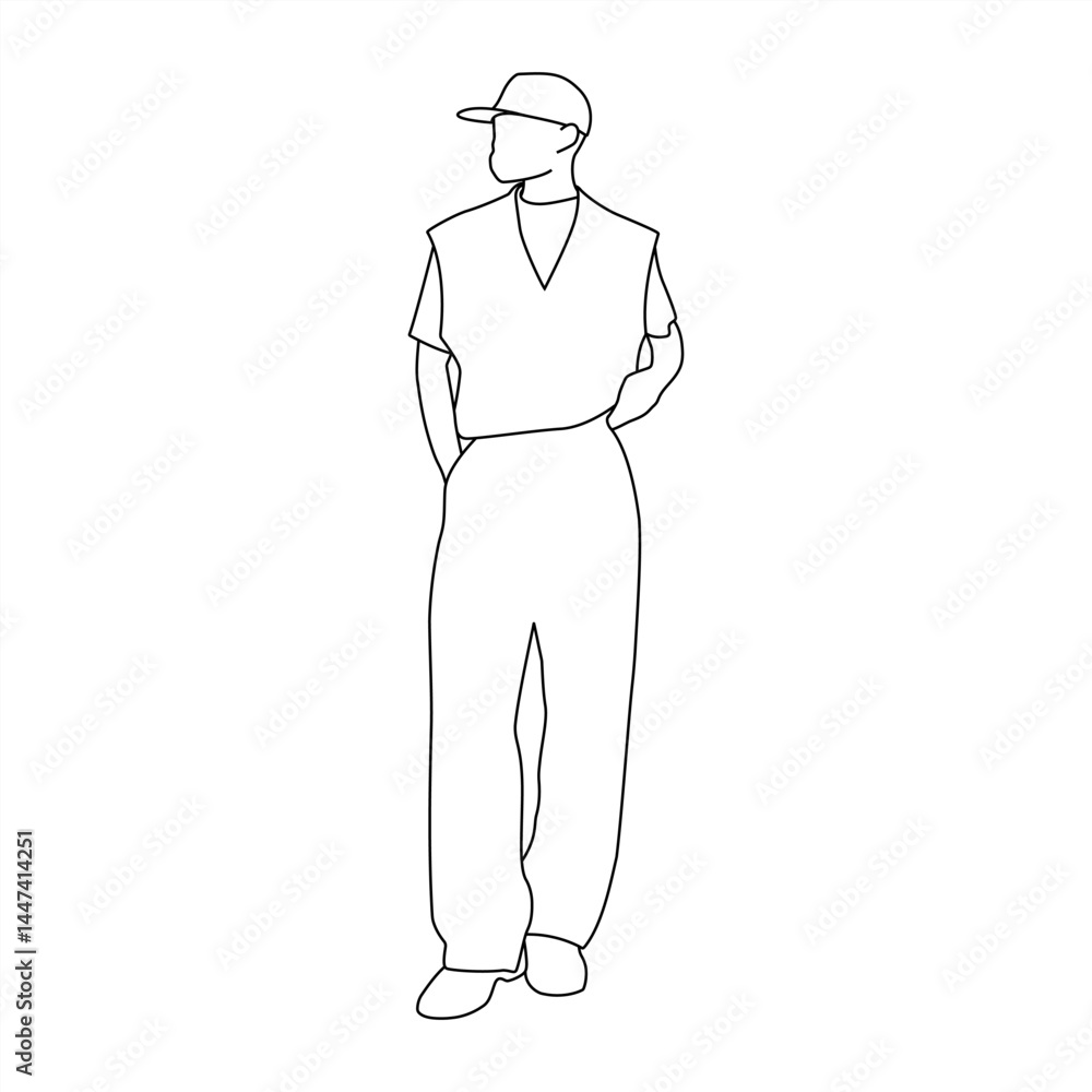 Black and White Outline of Casual Man in Vest and Cap, Minimalist Line Drawing of Modern Male Outfit Black and White Outline of Casual Man in Vest and Cap, Minimalist Line Drawing of Modern Male Outfit