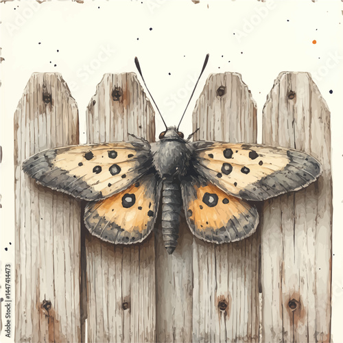 watercolor of Moth Resting On A Wooden Fence, vector, isolated on a white background.