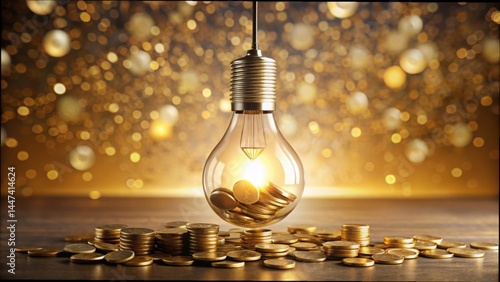 Light Bulb with Coins Inside on a Golden Background