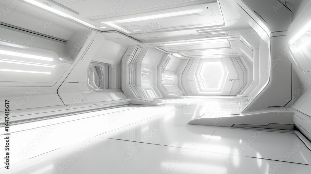 Sleek, futuristic hallway bathed in bright light Sleek, futuristic hallway bathed in bright light