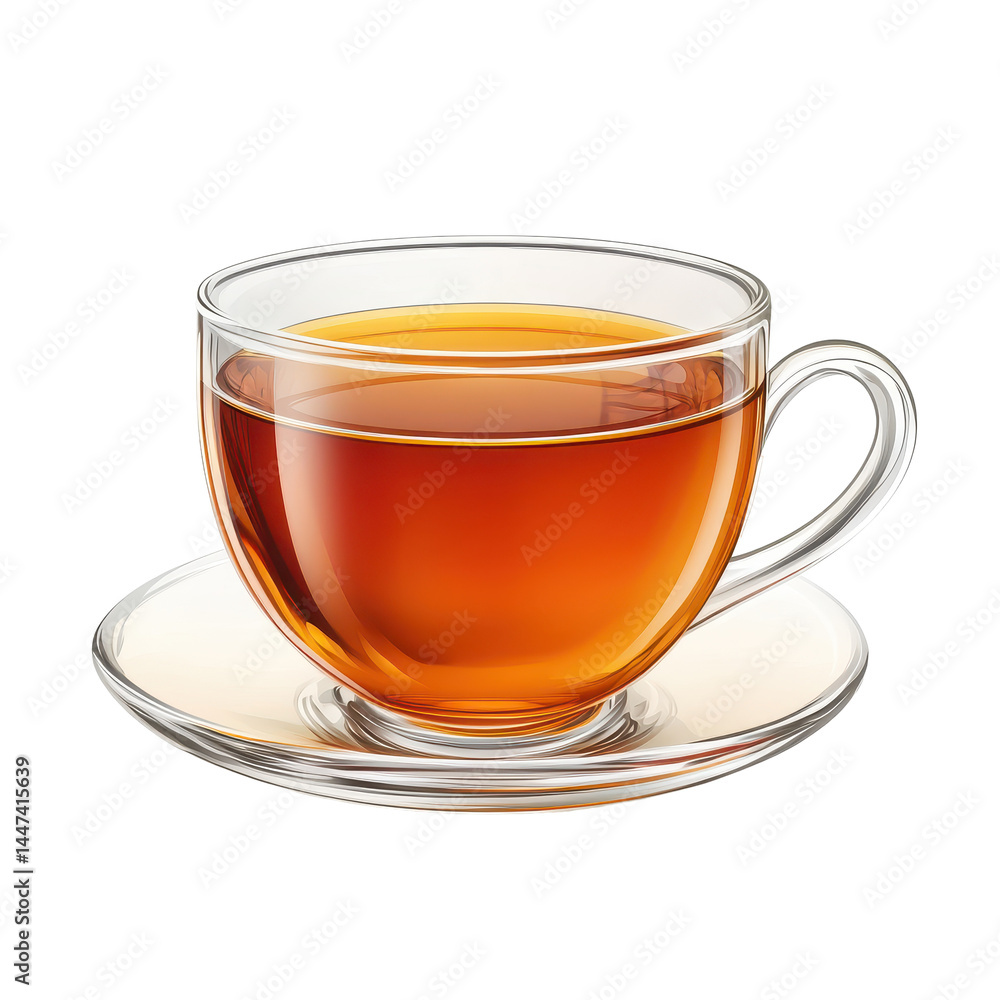 Warm cup of brewed tea on a glass saucer placed on a simple surface in natural light Warm cup of brewed tea on a glass saucer placed on a simple surface in natural light
