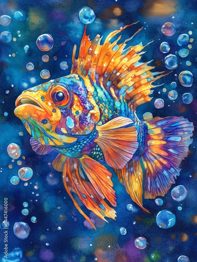 Vivid Watercolor Fish with Bubbles and Splashing Fins
Vivid Watercolor Fish with Bubbles and Splashing Fins
