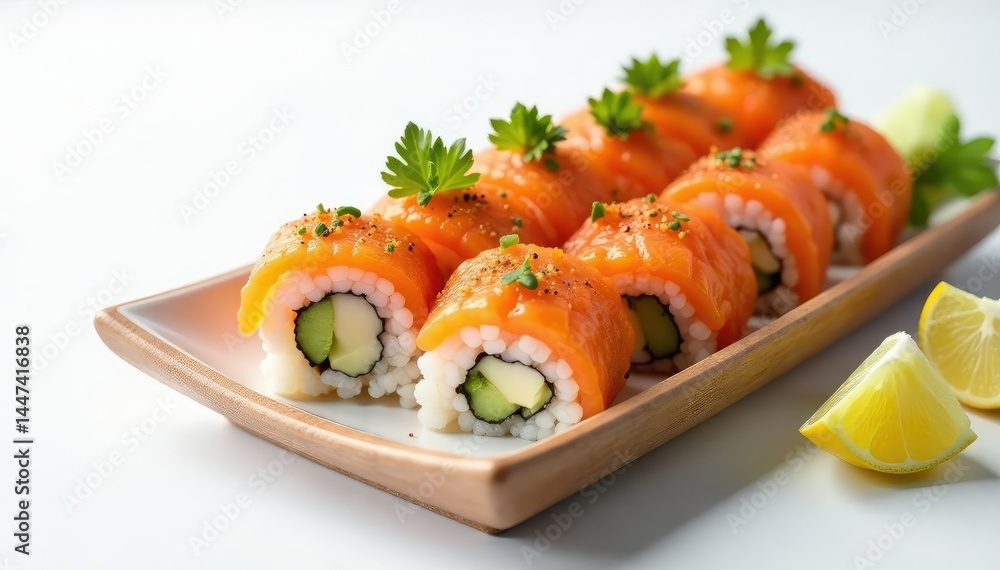 Colorful sushi platter, ginger, wasabi, white backdrop , sashimi, dining Colorful sushi platter, ginger, wasabi, white backdrop , sashimi, dining