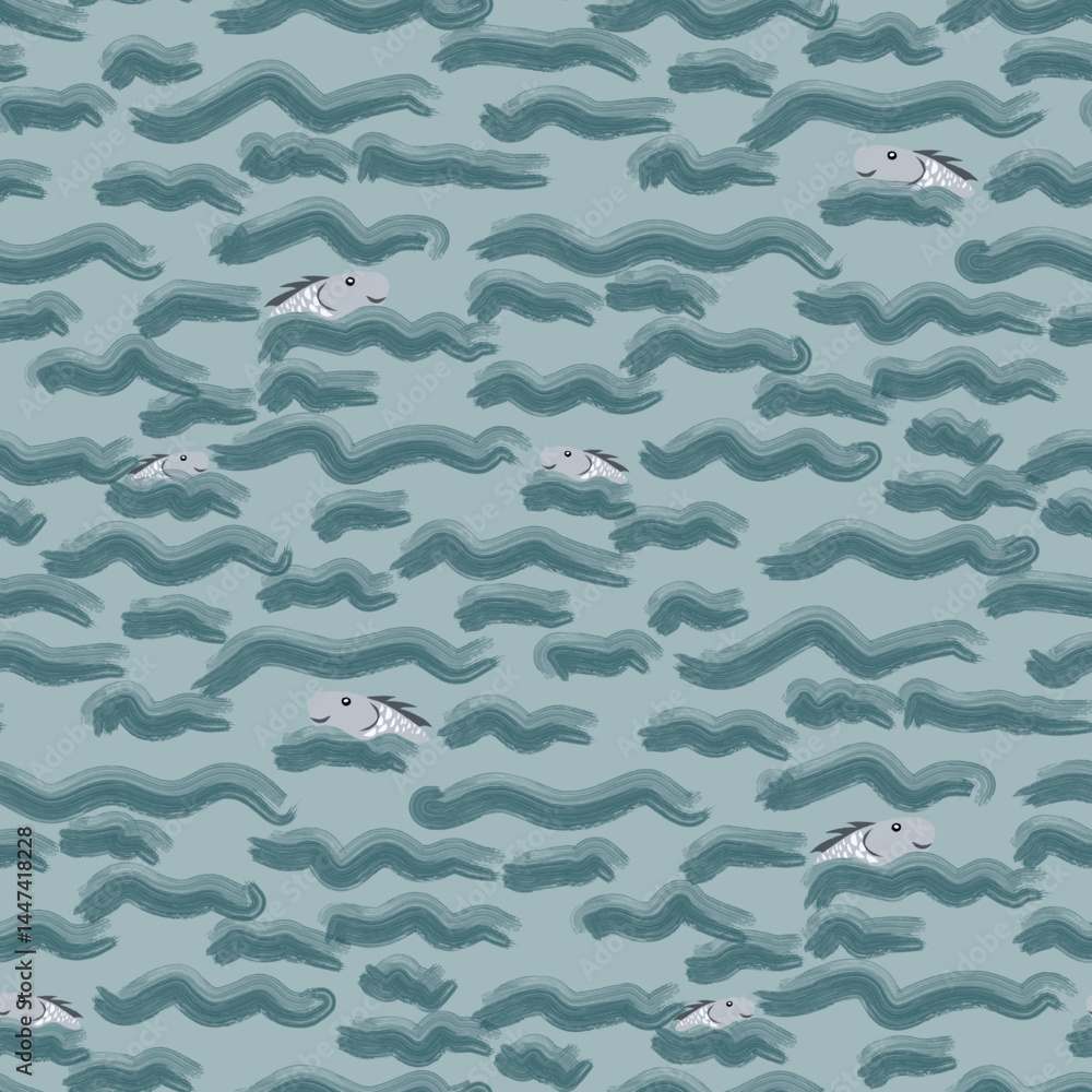 Naklejka premium Abstract, hand drawn pattern, sea and fish, blue colors. Seamless floral pattern-701.