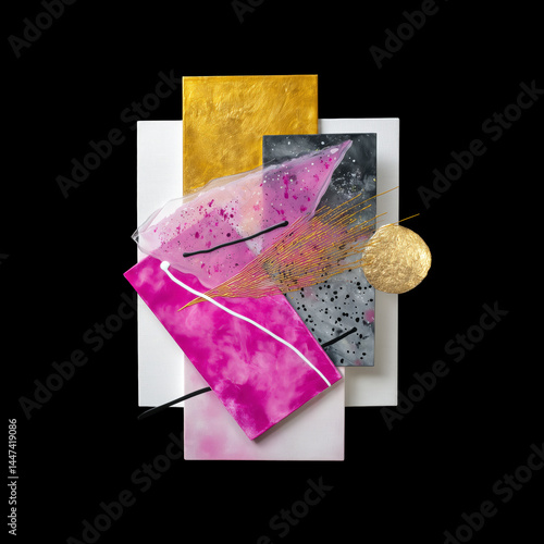 A piece of art with a pink square and a gold circle