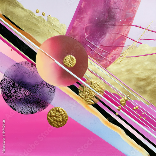 A painting of a pink and gold background with a gold